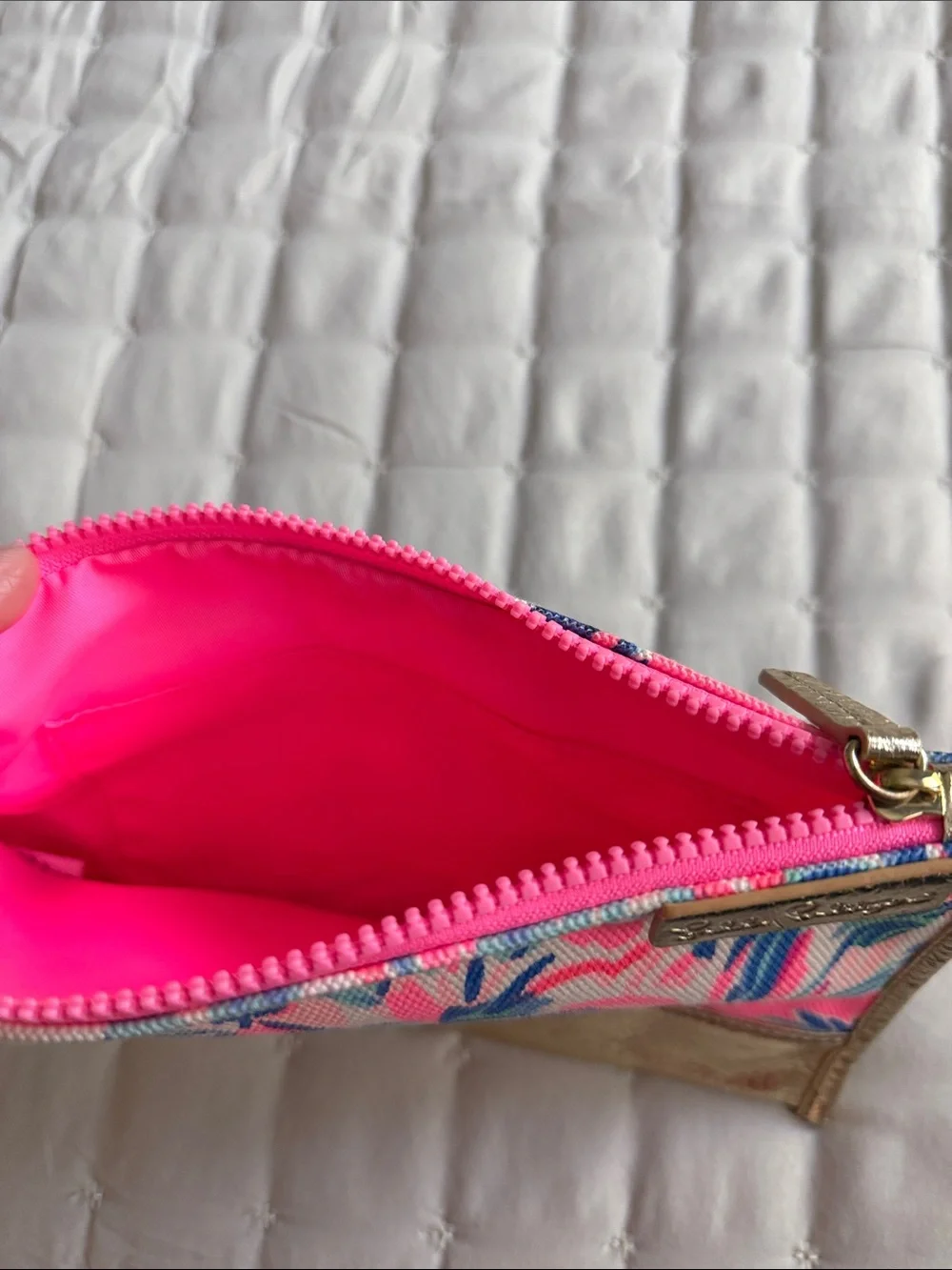 Lilly Pulitzer Pink Blue Tropical Print Cosmetic Pouch with Gold Trim